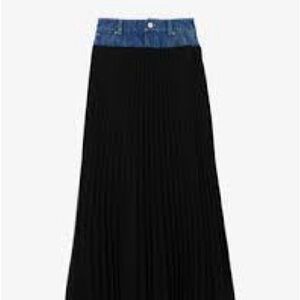 Sandro “NAYA” Black Pleated Maxi Skirt with Blue Denim Waistband